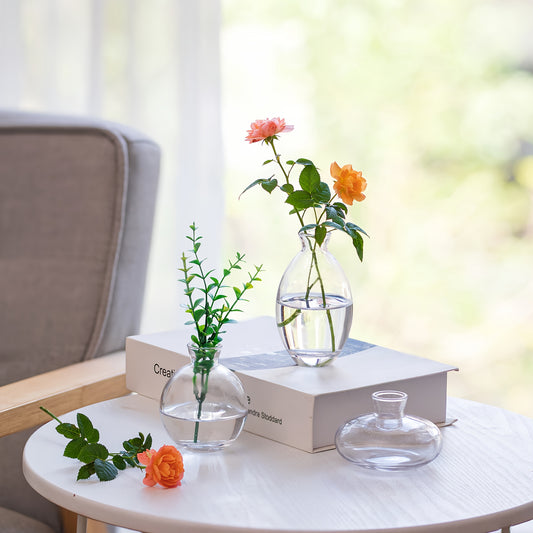 Set Of 3 Clear Glass Bud Vase, Modern Decorative Small Mini Flowers Vases Short Minimalist Aesthetic Home Decor Vintage Cute Handmade Tiny Wedding Table Centerpieces For Single Flower Rose